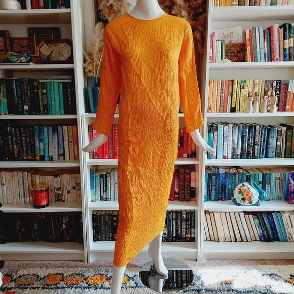 Topshop Premium Plisse Tie Back Orange Yellow Midi Summer Dress P1292 - Picture 2 of 12